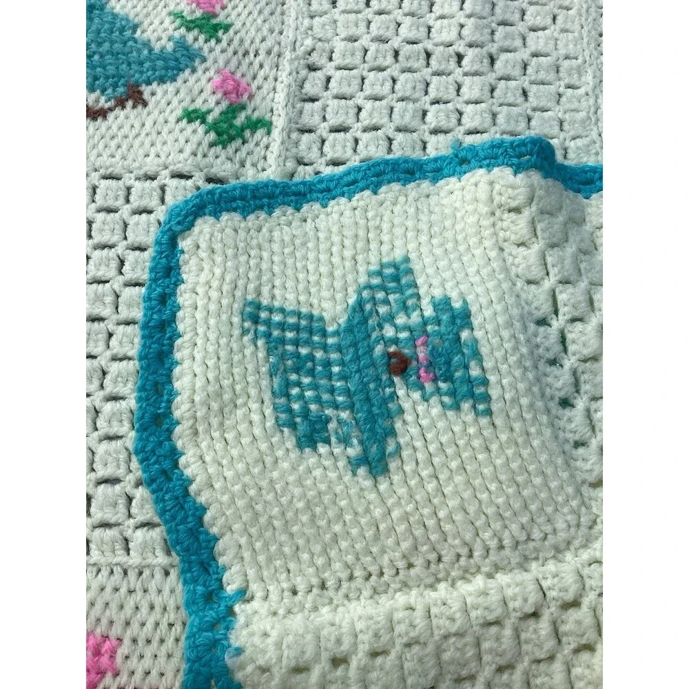 Vintage Crochet Baby Blanket Afghan Throw White Blocks Squares Animals Handmade
